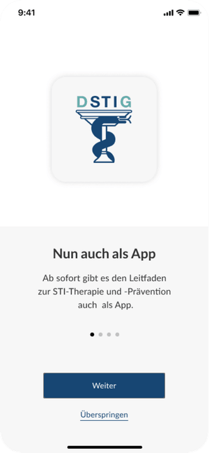 App-Screenshot der DSTIG App mit Logo und Hinweis auf Leitfaden zur STI-Therapie und -Prävention.
