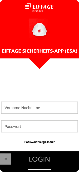 App-Screenshot der Eiffage Sicherheits-App mit Login-Bildschirm und Eingabefeldern für Benutzername und Passwort.