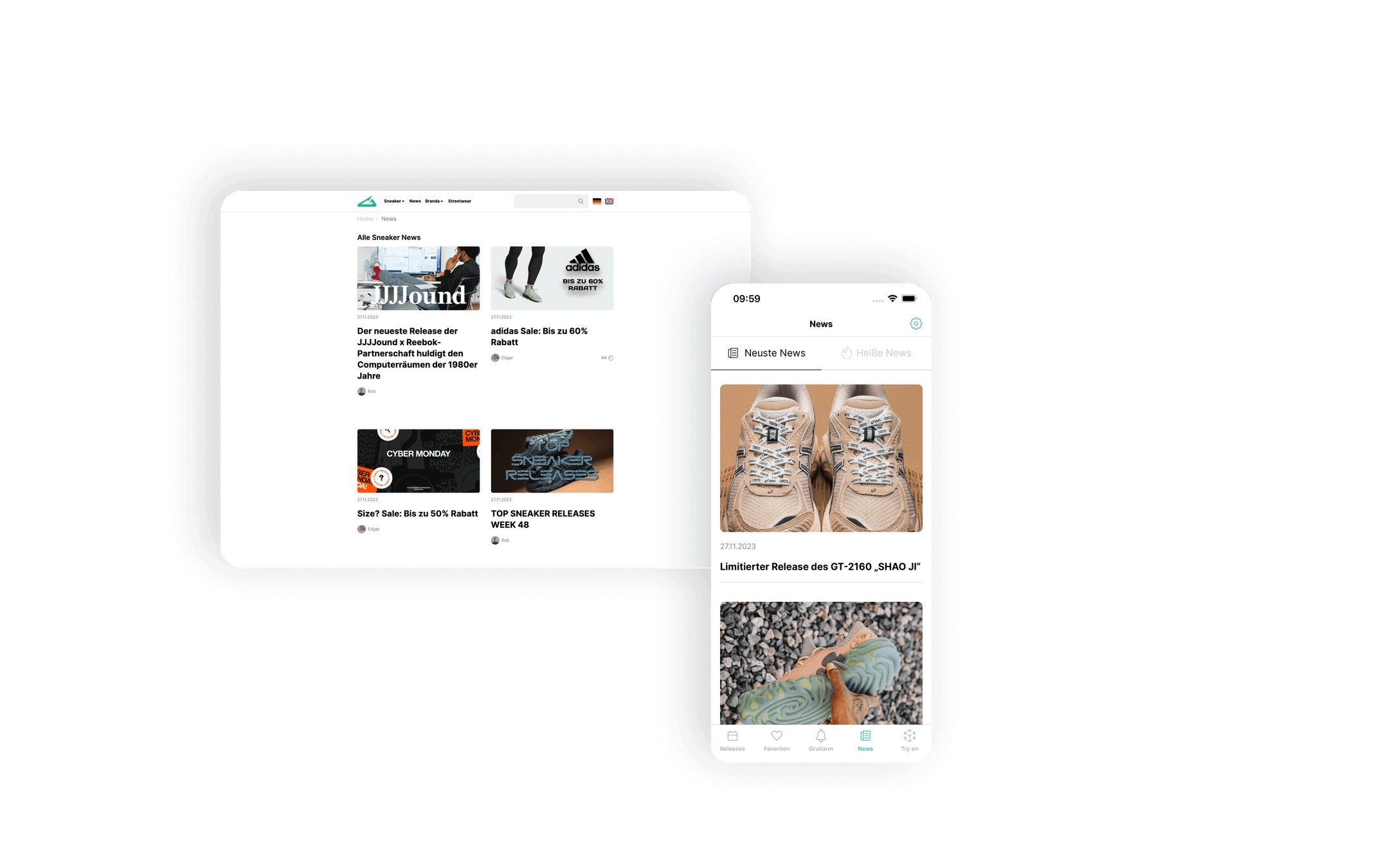 Der News-Überblick wird in einer Web Ansicht gezeigt, der alle wichtigen Informationen zu neuen Releases, Restocks und Angeboten bereithält. Der nächste App Screen präsentiert die neuesten und heißesten News.