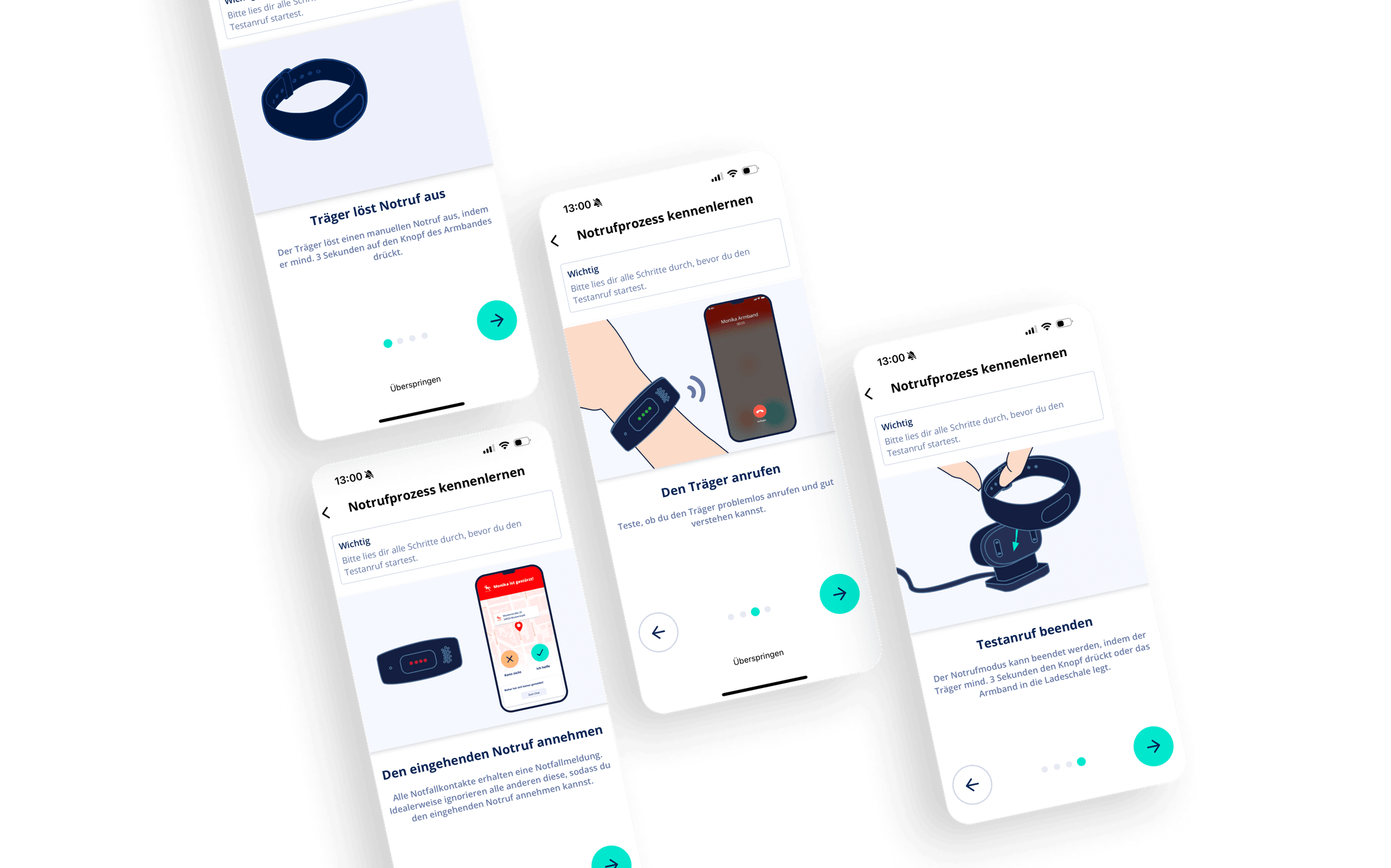 Um den Notfallprozess kennenzulernen, werden auf mehreren Screens die Schritte genaustens beschrieben, die ein Träger unternehmen sollte, wenn der Notfallknopf ausgelöst wird.