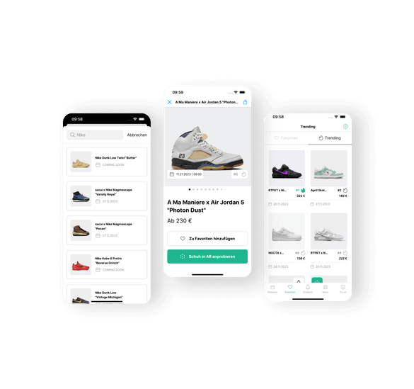 Der nächste Abschnitt stellt vier App Screendesigns vor, wie z.B. die praktische Suchfunktion mit Filteroptionen nach Marken oder eine virtuelle Sneaker Anprobe mit Augumented Reality. Zudem kannst du deine Favoriten markieren und eine Wunschliste dafür anlegen. Die Verfügbarkeit der Sneaker zu prüfen ist ganz einfach, indem du Preise vergleichst und direkt zum Shop gelangst.