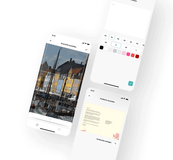 Weitere Benutzeroberflächen ermöglichen das Bearbeiten von Bildern, die Auswahl von Schriftarten, das Hinzufügen von Text und die Festlegung des Versanddatums.