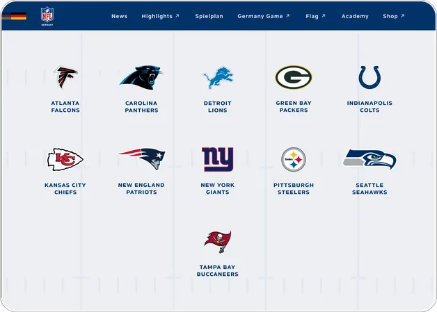 Übersicht der NFL-Teams auf der NFL-Germany-Plattform mit Logos, Teamnamen und Verlinkung der Teamseite